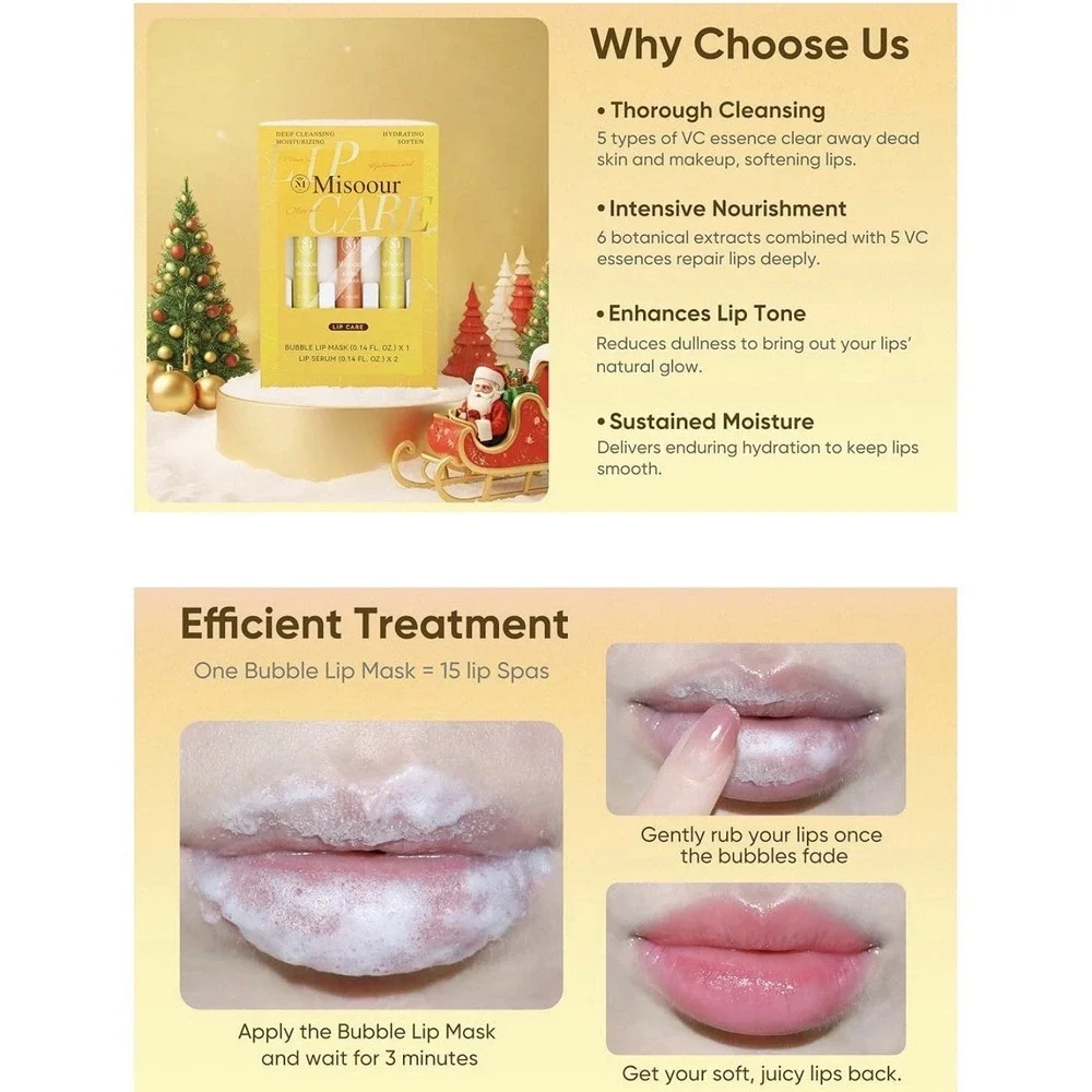 Misoour Lip Care 3 pack Set Bubble Lip Mask (1) & Lip‎ Serum (2) .14 FL OZ Vit C